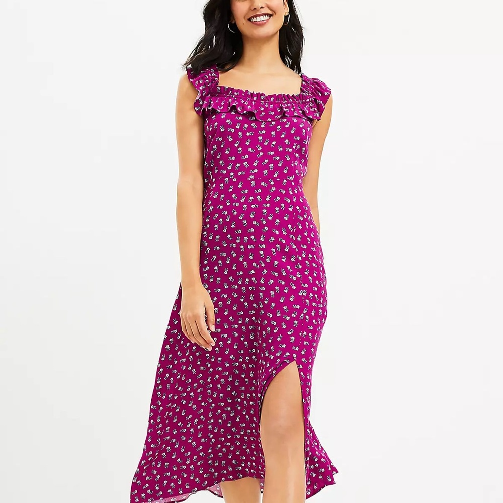 Loft Floral Ruffle Square Neck Midi Dress